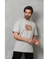 Unisex Bisiklet Yaka Baskılı Oversize T-Shirt - Gri