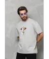 Unisex Bisiklet Yaka Baskılı Oversize T-Shirt - Gri