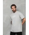 Unisex Bisiklet Yaka Baskılı Oversize T-Shirt - Gri