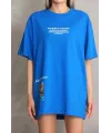 Unisex Bisiklet Yaka Baskılı Oversize T-Shirt - Mavi