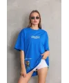 Unisex Bisiklet Yaka Baskılı Oversize T-Shirt - Mavi