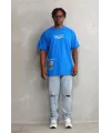 Unisex Bisiklet Yaka Baskılı Oversize T-Shirt - Mavi