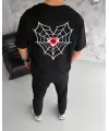 Unisex Bisiklet Yaka Baskılı Oversize T-Shirt - Siyah
