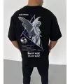 Unisex Bisiklet Yaka Baskılı Oversize T-Shirt - Siyah