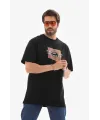 Unisex Bisiklet Yaka Baskılı Oversize T-Shirt - Siyah