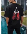 Unisex Bisiklet Yaka Baskılı Oversize T-Shirt - Siyah