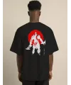 Unisex Bisiklet Yaka Baskılı Oversize T-Shirt - Siyah