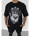 Unisex Bisiklet Yaka Baskılı Oversize T-Shirt - Siyah