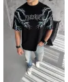 Unisex Bisiklet Yaka Baskılı Oversize T-Shirt - Siyah