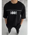 Unisex Bisiklet Yaka Baskılı Oversize T-Shirt - Siyah