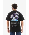 Unisex Bisiklet Yaka Baskılı Oversize T-Shirt - Siyah
