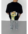 Unisex Bisiklet Yaka Baskılı Oversize T-Shirt - Siyah