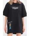 Unisex Bisiklet Yaka Baskılı Oversize T-Shirt - Siyah