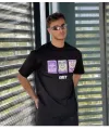 Unisex Bisiklet Yaka Baskılı Oversize T-Shirt - Siyah