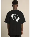 Unisex Bisiklet Yaka Baskılı Oversize T-Shirt - Siyah