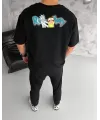 Unisex Bisiklet Yaka Baskılı Oversize T-Shirt - Siyah