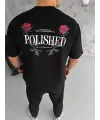 Unisex Bisiklet Yaka Baskılı Oversize T-Shirt - Siyah