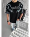 Unisex Bisiklet Yaka Baskılı Oversize T-Shirt-Siyah
