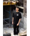 Unisex Bisiklet Yaka Baskılı Oversize T-Shirt - Siyah