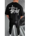 Unisex Bisiklet Yaka Baskılı Oversize T-Shirt - Siyah