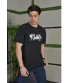 Unisex Bisiklet Yaka Baskılı Oversize T-Shirt - Siyah