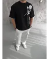 Unisex Bisiklet Yaka Baskılı Oversize T-Shirt - Siyah