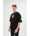 Unisex Bisiklet Yaka Baskılı Oversize T-Shirt - Siyah