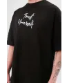 Unisex Bisiklet Yaka Baskılı Oversize T-Shirt - Siyah