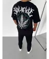Unisex Bisiklet Yaka Baskılı Oversize T-Shirt - Siyah
