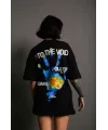 Unisex Bisiklet Yaka Baskılı Oversize T-Shirt - Siyah