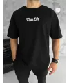 Unisex Bisiklet Yaka Baskılı Oversize T-Shirt - Siyah