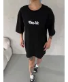 Unisex Bisiklet Yaka Baskılı Oversize T-Shirt - Siyah