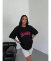 Unisex Bisiklet Yaka Baskılı Oversize T-Shirt - Siyah