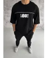 Unisex Bisiklet Yaka Baskılı Oversize T-Shirt - Siyah
