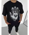 Unisex Bisiklet Yaka Baskılı Oversize T-Shirt - Siyah