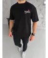 Unisex Bisiklet Yaka Baskılı Oversize T-Shirt - Siyah