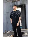 Unisex Bisiklet Yaka Baskılı Oversize T-Shirt - Siyah