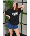 Unisex Bisiklet Yaka Baskılı Oversize T-Shirt - Siyah