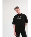 Unisex Bisiklet Yaka Baskılı Oversize T-Shirt - Siyah