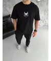 Unisex Bisiklet Yaka Baskılı Oversize T-Shirt - Siyah