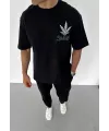 Unisex Bisiklet Yaka Baskılı Oversize T-Shirt - Siyah