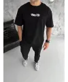 Unisex Bisiklet Yaka Baskılı Oversize T-Shirt - Siyah