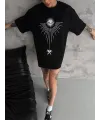 Unisex Bisiklet Yaka Baskılı Oversize T-Shirt - Siyah