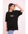 Unisex Bisiklet Yaka Baskılı Oversize T-Shirt - Siyah
