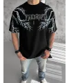 Unisex Bisiklet Yaka Baskılı Oversize T-Shirt - Siyah