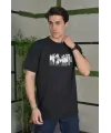 Unisex Bisiklet Yaka Baskılı Oversize T-Shirt - Siyah
