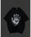 Unisex Bisiklet Yaka Baskılı Oversize T-Shirt - Siyah