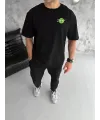 Unisex Bisiklet Yaka Baskılı Oversize T-Shirt - Siyah
