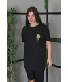 Unisex Bisiklet Yaka Baskılı Oversize T-Shirt - Siyah