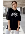 Unisex Bisiklet Yaka Baskılı Oversize T-Shirt - Siyah